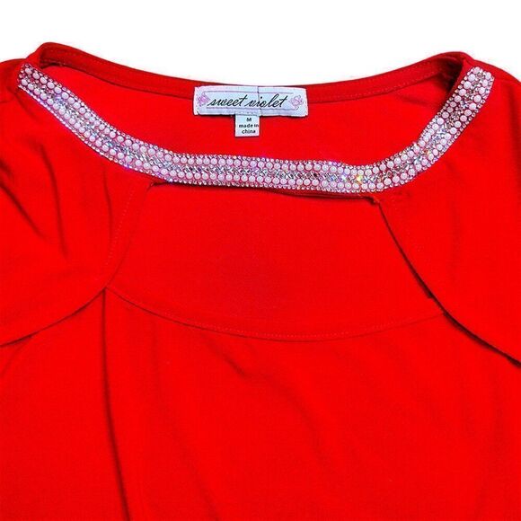 Festive red sheer sleeves crystal collar top - Picture 9 of 9
